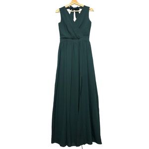 Dark Green Long Dress V Neck Sleeveless Front Left Slit Pleated Formal Dress